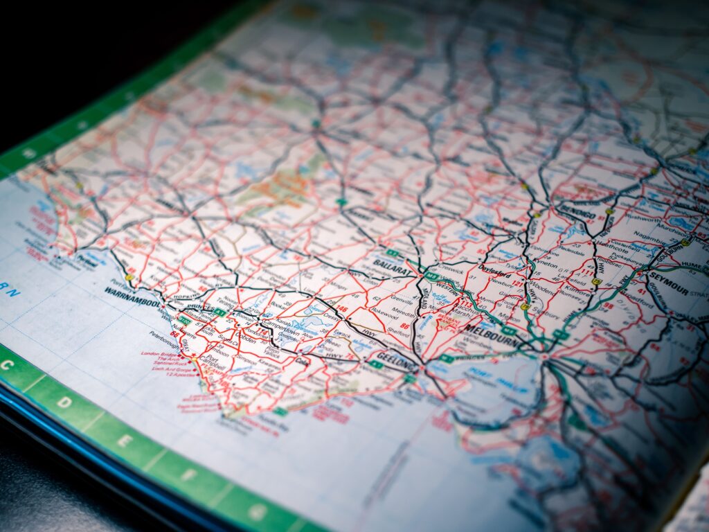 pexels-photo-6772186-6772186 Close-up of a detailed road map highlighting routes in southeastern Australia.